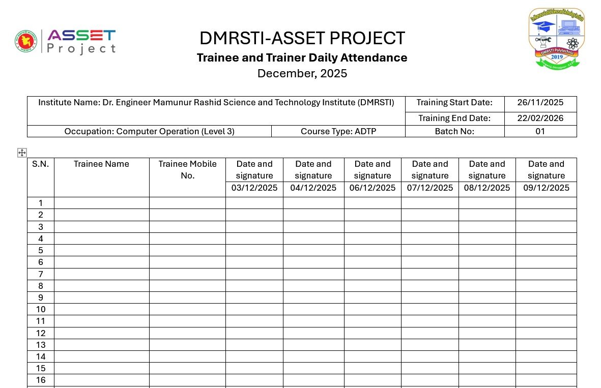 Trainee and Trainer Daily Attendance DOCX sheet - NSDA ASSET
