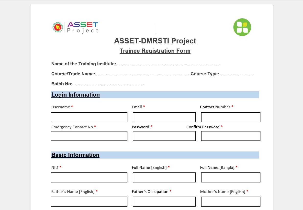 TSTP, ADTP, SUTP Trainee Registration Form – ASSET (DOCX) | Free Download