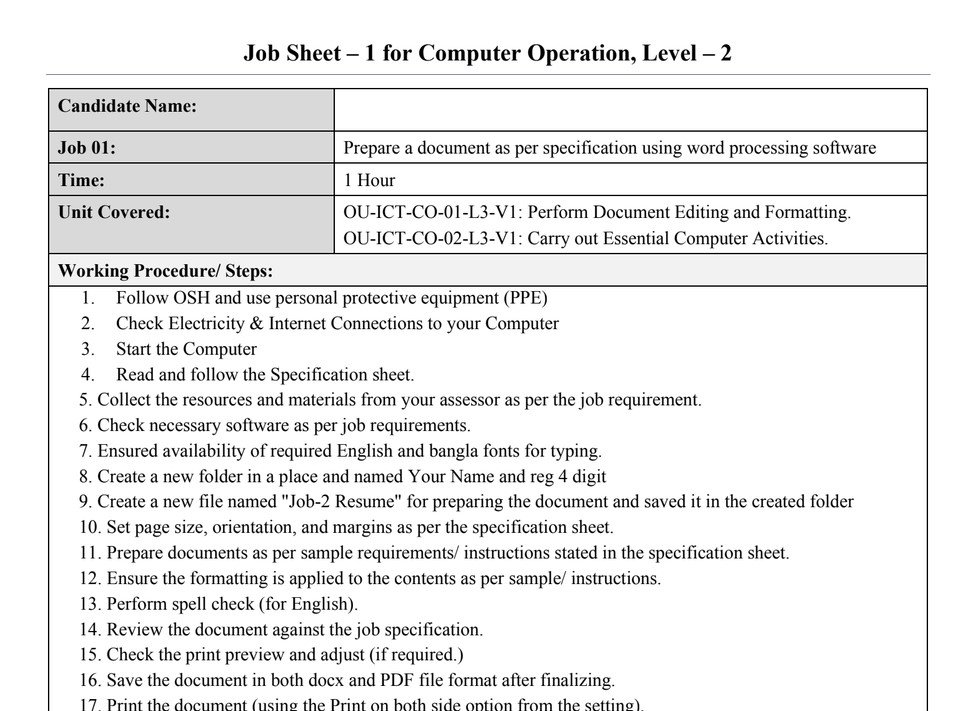 Computer Operation Level 2 NSDA Microsoft Word PDF